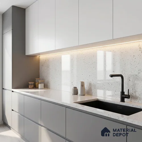 Belina Quartz QR 00309 B White Celestia Helsinki Series 10.5 ft x 2.79 ft Quartz - 20 mm | 10 Years and Replacement Warranty | Suitable for Kitchen, Restaurant, Counter Tops, Dining, Reception, office