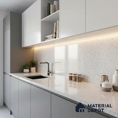 Belina Quartz QR 00309 White Celestia Helsinki Series 10.5 ft x 5.35 ft Quartz - 20 mm | 10 Years and Replacement Warranty | Suitable for Kitchen, Restaurant, Counter Tops, Dining, Reception, office