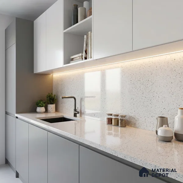 Belina Quartz QR 00309 White Celestia Helsinki Series 10.5 ft x 5.35 ft Quartz - 20 mm | 10 Years and Replacement Warranty | Suitable for Kitchen, Restaurant, Counter Tops, Dining, Reception, office