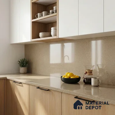 Belina Quartz QR 00317 Cream Glacier Helsinki Series 10.5 ft x 5.35 ft Quartz - 20 mm | 10 Years and Replacement Warranty | Suitable for Kitchen, Restaurant, Counter Tops, Dining, Reception, office