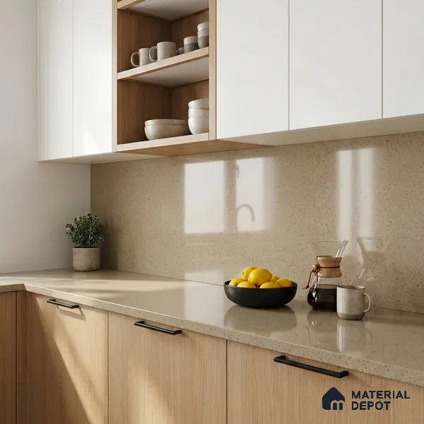 Belina Quartz QR 00317 Cream Glacier Helsinki Series 10.5 ft x 5.35 ft Quartz - 20 mm | 10 Years and Replacement Warranty | Suitable for Kitchen, Restaurant, Counter Tops, Dining, Reception, office