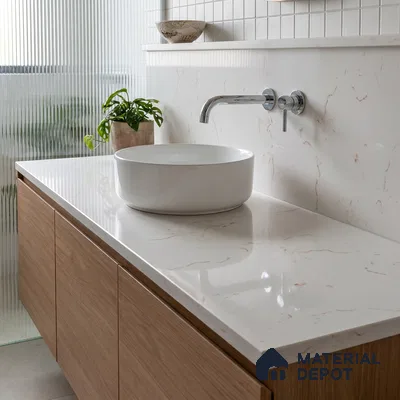 Belina Quartz QR 00322 Carrara Gold Aura Helsinki Series 10.5 ft x 5.35 ft Quartz - 20 mm | 10 Years and Replacement Warranty | Suitable for Kitchen, Restaurant, Counter Tops, Dining, Reception, office
