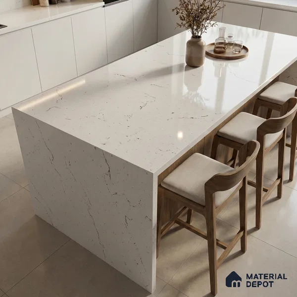 Belina Quartz QR 00323 Carrara Lucento Helsinki Series 10.5 ft x 5.35 ft Quartz - 20 mm | 10 Years and Replacement Warranty | Suitable for Kitchen, Restaurant, Counter Tops, Dining, Reception, office