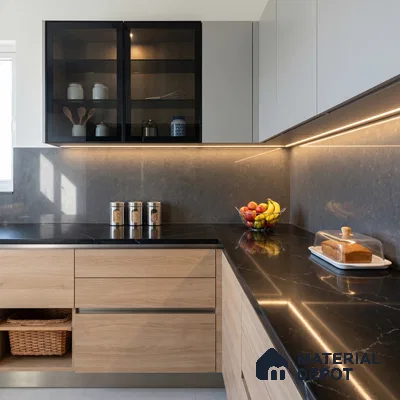 Belina Quartz QR 00326 Carrara Ocean Black Helsinki Series 10.5 ft x 5.35 ft Quartz - 20 mm | 10 Years and Replacement Warranty | Suitable for Kitchen, Restaurant, Counter Tops, Dining, Reception, office (Sample)