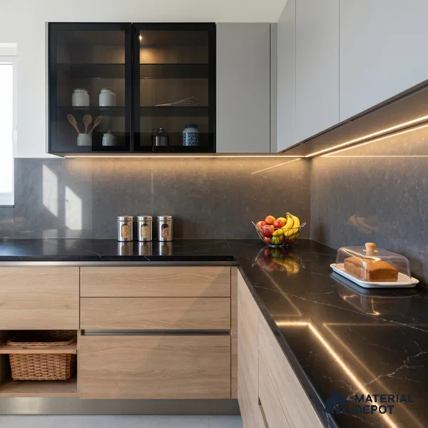 Belina Quartz QR 00326 Carrara Ocean Black Helsinki Series 10.5 ft x 5.35 ft Quartz - 20 mm | 10 Years and Replacement Warranty | Suitable for Kitchen, Restaurant, Counter Tops, Dining, Reception, office (Sample)