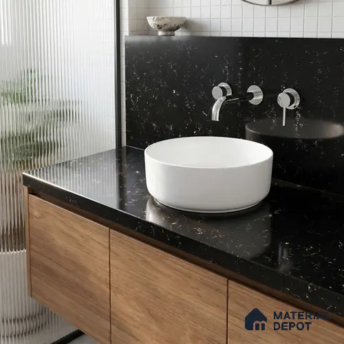 Belina Quartz QR 00326 Carrara Ocean Black Helsinki Series 10.5 ft x 5.35 ft Quartz - 20 mm | 10 Years and Replacement Warranty | Suitable for Kitchen, Restaurant, Counter Tops, Dining, Reception, office