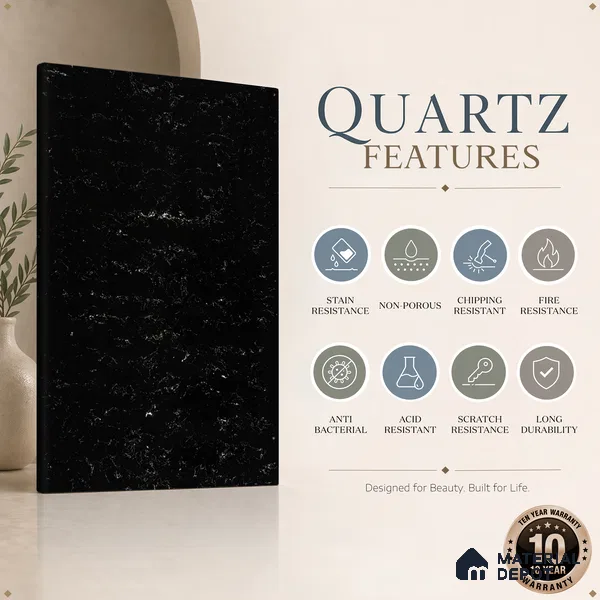 Belina Quartz QR 00326 Carrara Ocean Black Helsinki Series 10.5 ft x 5.35 ft Quartz - 20 mm | 10 Years and Replacement Warranty | Suitable for Kitchen, Restaurant, Counter Tops, Dining, Reception, office (Sample)
