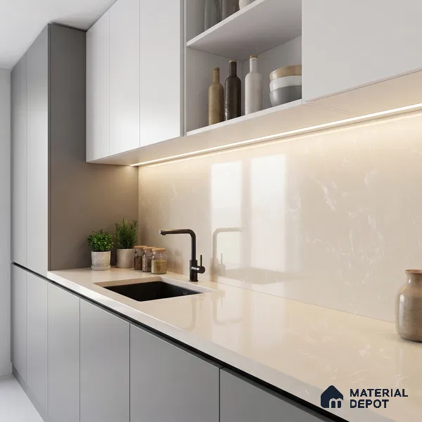 Belina Quartz QR 00327 Aqua Cloud Cream Helsinki Series 10.5 ft x 5.35 ft Quartz - 20 mm | 10 Years and Replacement Warranty | Suitable for Kitchen, Restaurant, Counter Tops, Dining, Reception, office