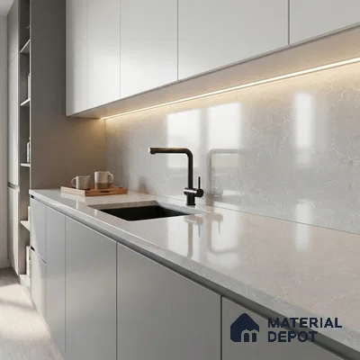 Belina Quartz QR 00328 Aqua Drift White Helsinki Series 10.5 ft x 5.35 ft Quartz - 20 mm | 10 Years and Replacement Warranty | Suitable for Kitchen, Restaurant, Counter Tops, Dining, Reception, office