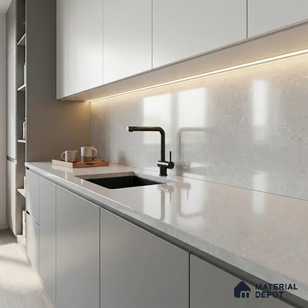 Belina Quartz QR 00328 Aqua Drift White Helsinki Series 10.5 ft x 5.35 ft Quartz - 20 mm | 10 Years and Replacement Warranty | Suitable for Kitchen, Restaurant, Counter Tops, Dining, Reception, office