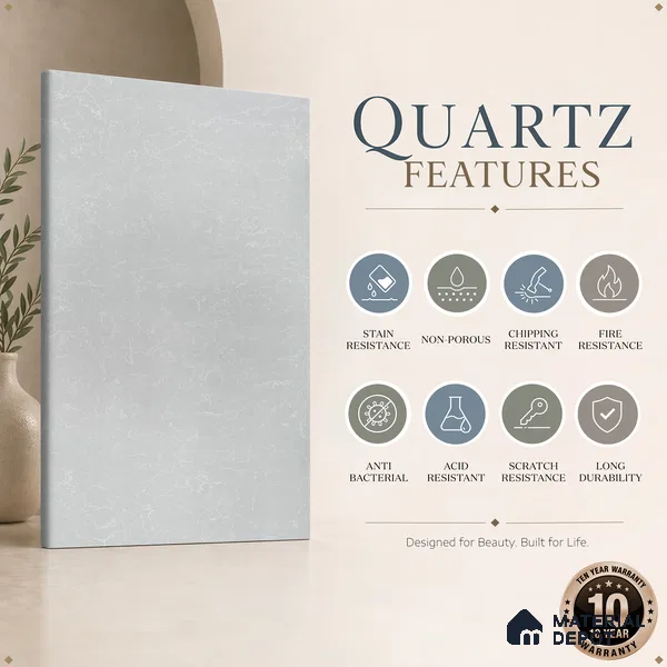 Belina Quartz QR 00328 Aqua Drift White Helsinki Series 10.5 ft x 5.35 ft Quartz - 20 mm | 10 Years and Replacement Warranty | Suitable for Kitchen, Restaurant, Counter Tops, Dining, Reception, office