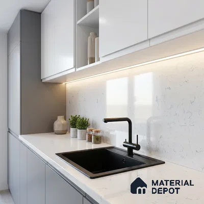 Belina Quartz QR 00334 Carrara Blue Value Series 10.66 ft x 5.41 ft Quartz - 20 mm | 5 Years Warranty | Suitable for Kitchen, Restaurant, Counter Tops, Dining, Reception, office