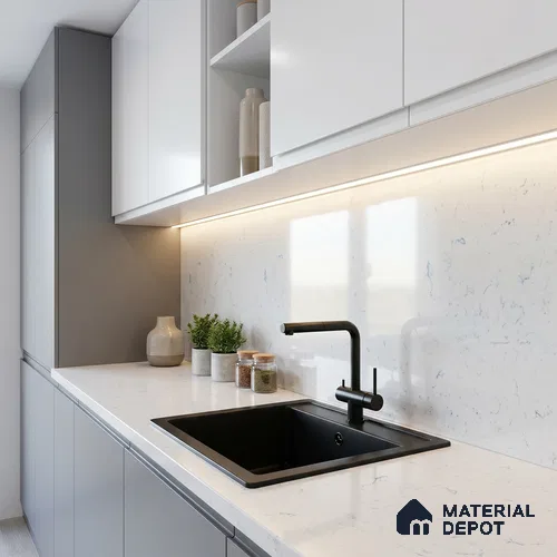 Belina Quartz QR 00334 Carrara Blue Value Series 10.66 ft x 5.41 ft Quartz - 20 mm | 5 Years Warranty | Suitable for Kitchen, Restaurant, Counter Tops, Dining, Reception, office