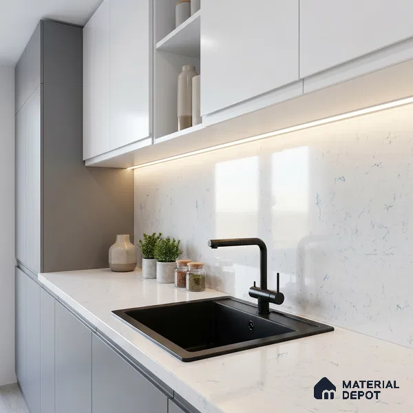 Belina Quartz QR 00334 Carrara Blue Value Series 10.66 ft x 5.41 ft Quartz - 20 mm | 5 Years Warranty | Suitable for Kitchen, Restaurant, Counter Tops, Dining, Reception, office