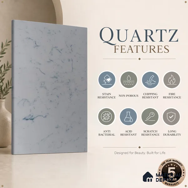 Belina Quartz QR 00334 Carrara Blue Value Series 10.66 ft x 5.41 ft Quartz - 20 mm | 5 Years Warranty | Suitable for Kitchen, Restaurant, Counter Tops, Dining, Reception, office