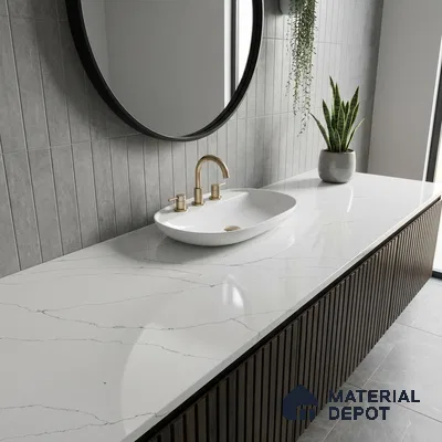 Belina Quartz QR 00343 B Calacatta Whisper Jumbo Helsinki Series 10.83 ft x 5.41 ft Quartz - 20 mm | 10 Years and Replacement Warranty | Suitable for Kitchen, Restaurant, Counter Tops, Dining, Reception, office