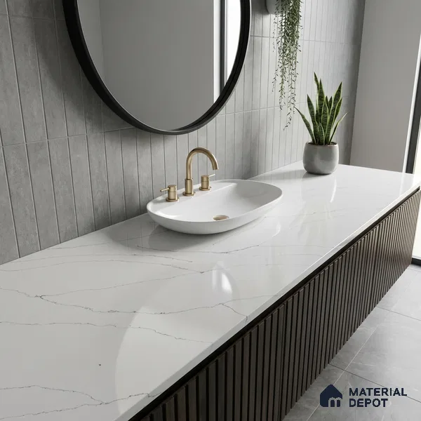 Belina Quartz QR 00343 B Calacatta Whisper Jumbo Helsinki Series 10.83 ft x 5.41 ft Quartz - 20 mm | 10 Years and Replacement Warranty | Suitable for Kitchen, Restaurant, Counter Tops, Dining, Reception, office