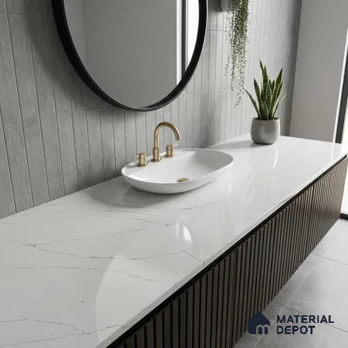 Belina Quartz QR 00343 B Calacatta Whisper Jumbo Helsinki Series 10.83 ft x 5.41 ft Quartz - 20 mm | 10 Years and Replacement Warranty | Suitable for Kitchen, Restaurant, Counter Tops, Dining, Reception, office