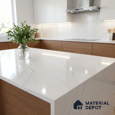 Belina Quartz QR 00343 B Calacatta Whisper Jumbo Helsinki Series 10.83 ft x 5.41 ft Quartz - 20 mm | 10 Years and Replacement Warranty | Suitable for Kitchen, Restaurant, Counter Tops, Dining, Reception, office