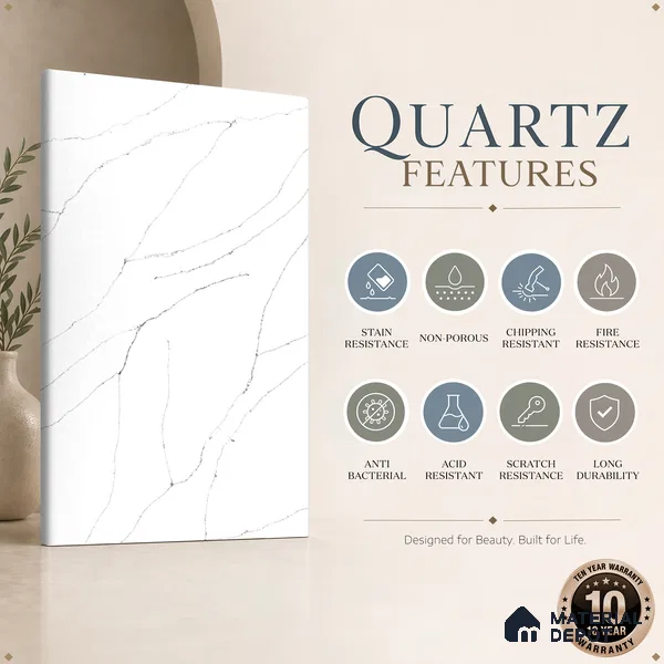 Belina Quartz QR 00343 B Calacatta Whisper Jumbo Helsinki Series 10.83 ft x 5.41 ft Quartz - 20 mm | 10 Years and Replacement Warranty | Suitable for Kitchen, Restaurant, Counter Tops, Dining, Reception, office