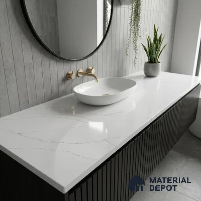 Belina Quartz QR 00343 Calacatta Whisper Mini Jumbo Helsinki Series 10.53 ft x 4.79 ft Quartz - 20 mm | 10 Years and Replacement Warranty | Suitable for Kitchen, Restaurant, Counter Tops, Dining, Reception, office