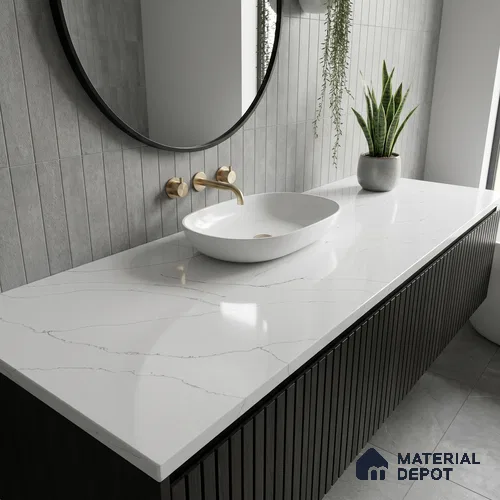 Belina Quartz QR 00343 Calacatta Whisper Mini Jumbo Helsinki Series 10.53 ft x 4.79 ft Quartz - 20 mm | 10 Years and Replacement Warranty | Suitable for Kitchen, Restaurant, Counter Tops, Dining, Reception, office