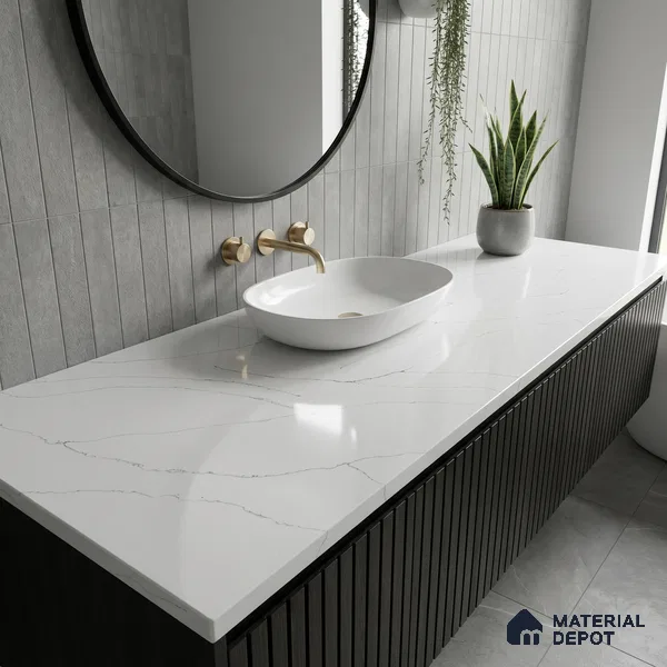 Belina Quartz QR 00343 Calacatta Whisper Mini Jumbo Helsinki Series 10.53 ft x 4.79 ft Quartz - 20 mm | 10 Years and Replacement Warranty | Suitable for Kitchen, Restaurant, Counter Tops, Dining, Reception, office