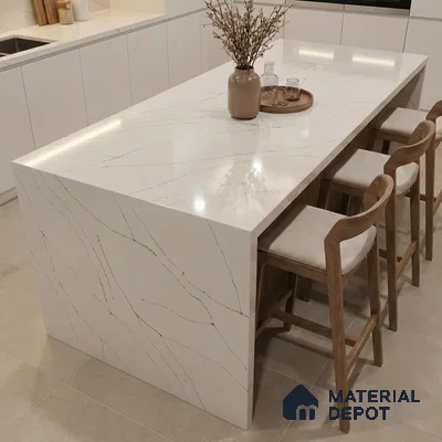 Belina Quartz QR 00343 Calacatta Whisper Mini Jumbo Helsinki Series 10.53 ft x 4.79 ft Quartz - 20 mm | 10 Years and Replacement Warranty | Suitable for Kitchen, Restaurant, Counter Tops, Dining, Reception, office