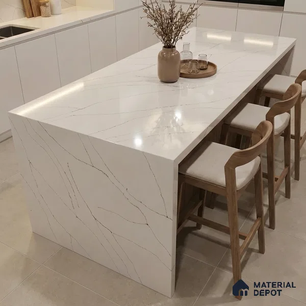 Belina Quartz QR 00343 Calacatta Whisper Mini Jumbo Helsinki Series 10.53 ft x 4.79 ft Quartz - 20 mm | 10 Years and Replacement Warranty | Suitable for Kitchen, Restaurant, Counter Tops, Dining, Reception, office