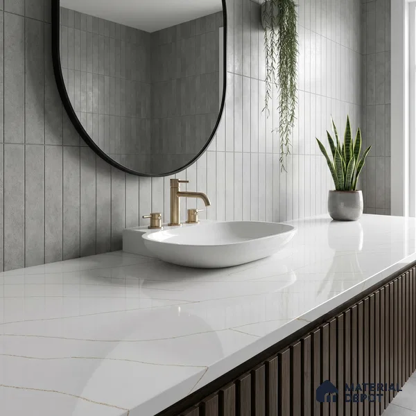 Belina Quartz QR 00344 B Calacatta Aurelia Jumbo Helsinki Series 10.83 ft x 5.41 ft Quartz - 20 mm | 10 Years and Replacement Warranty | Suitable for Kitchen, Restaurant, Counter Tops, Dining, Reception, office