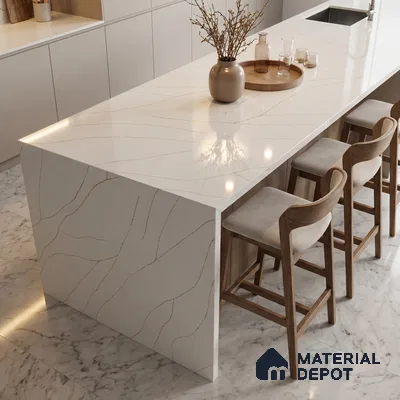 Belina Quartz QR 00344 B Calacatta Aurelia Jumbo Helsinki Series 10.83 ft x 5.41 ft Quartz - 20 mm | 10 Years and Replacement Warranty | Suitable for Kitchen, Restaurant, Counter Tops, Dining, Reception, office