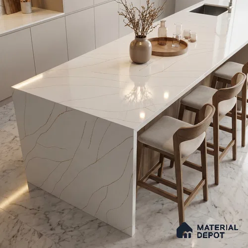 Belina Quartz QR 00344 B Calacatta Aurelia Jumbo Helsinki Series 10.83 ft x 5.41 ft Quartz - 20 mm | 10 Years and Replacement Warranty | Suitable for Kitchen, Restaurant, Counter Tops, Dining, Reception, office