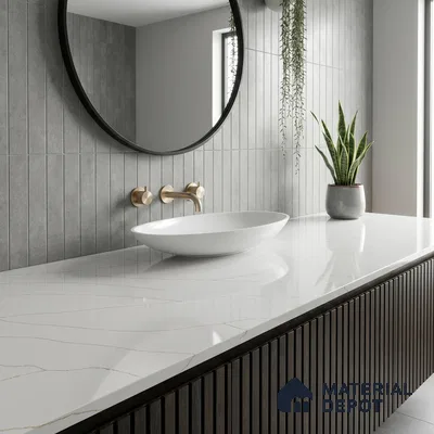 Belina Quartz QR 00344 Calacatta Aurelia Mini Jumbo Helsinki Series 10.53 ft x 4.79 ft Quartz - 20 mm | 10 Years and Replacement Warranty | Suitable for Kitchen, Restaurant, Counter Tops, Dining, Reception, office