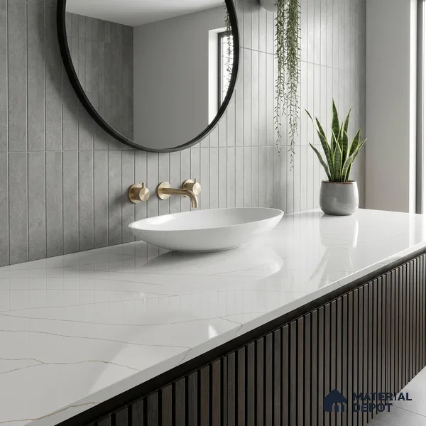 Belina Quartz QR 00344 Calacatta Aurelia Mini Jumbo Helsinki Series 10.53 ft x 4.79 ft Quartz - 20 mm | 10 Years and Replacement Warranty | Suitable for Kitchen, Restaurant, Counter Tops, Dining, Reception, office