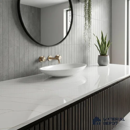 Belina Quartz QR 00344 Calacatta Aurelia Mini Jumbo Helsinki Series 10.53 ft x 4.79 ft Quartz - 20 mm | 10 Years and Replacement Warranty | Suitable for Kitchen, Restaurant, Counter Tops, Dining, Reception, office