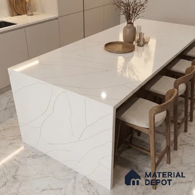 Belina Quartz QR 00344 Calacatta Aurelia Mini Jumbo Helsinki Series 10.53 ft x 4.79 ft Quartz - 20 mm | 10 Years and Replacement Warranty | Suitable for Kitchen, Restaurant, Counter Tops, Dining, Reception, office