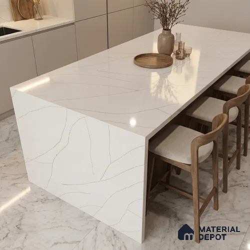 Belina Quartz QR 00344 Calacatta Aurelia Mini Jumbo Helsinki Series 10.53 ft x 4.79 ft Quartz - 20 mm | 10 Years and Replacement Warranty | Suitable for Kitchen, Restaurant, Counter Tops, Dining, Reception, office
