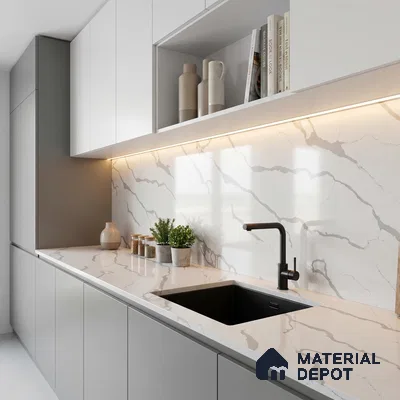 Belina Quartz QR 00345 B Arctic Cascade Jumbo Helsinki Series 10.83 ft x 5.41 ft Quartz - 20 mm | 10 Years and Replacement Warranty | Suitable for Kitchen, Restaurant, Counter Tops, Dining, Reception, office