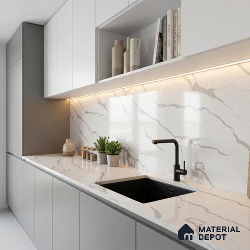 Belina Quartz QR 00345 B Arctic Cascade Jumbo Helsinki Series 10.83 ft x 5.41 ft Quartz - 20 mm | 10 Years and Replacement Warranty | Suitable for Kitchen, Restaurant, Counter Tops, Dining, Reception, office