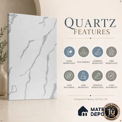 Belina Quartz QR 00345 B Arctic Cascade Jumbo Helsinki Series 10.83 ft x 5.41 ft Quartz - 20 mm | 10 Years and Replacement Warranty | Suitable for Kitchen, Restaurant, Counter Tops, Dining, Reception, office