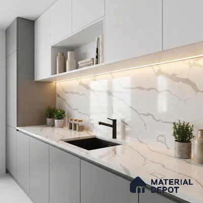 Belina Quartz QR 00345 Arctic Cascade Mini Jumbo Helsinki Series 10.53 ft x 4.79 ft Quartz - 20 mm | 10 Years and Replacement Warranty | Suitable for Kitchen, Restaurant, Counter Tops, Dining, Reception, office