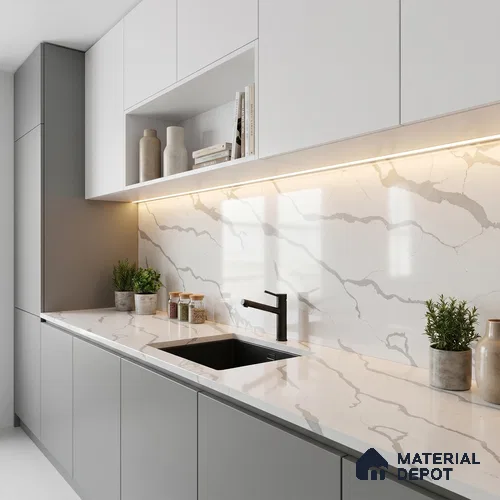 Belina Quartz QR 00345 Arctic Cascade Mini Jumbo Helsinki Series 10.53 ft x 4.79 ft Quartz - 20 mm | 10 Years and Replacement Warranty | Suitable for Kitchen, Restaurant, Counter Tops, Dining, Reception, office