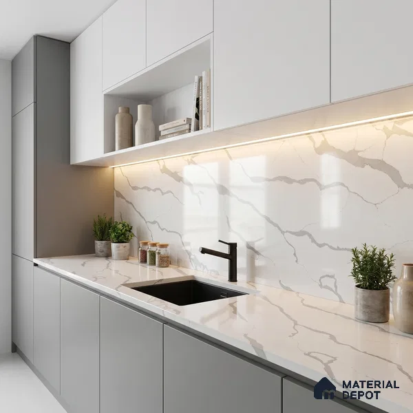 Belina Quartz QR 00345 Arctic Cascade Mini Jumbo Helsinki Series 10.53 ft x 4.79 ft Quartz - 20 mm | 10 Years and Replacement Warranty | Suitable for Kitchen, Restaurant, Counter Tops, Dining, Reception, office