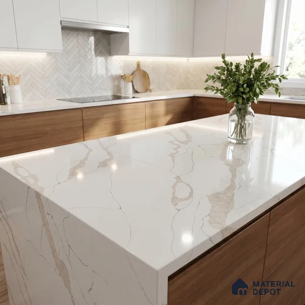 Belina Quartz QR 00346 B Calacatta Drift Jumbo Helsinki Series 10.83 ft x 5.41 ft Quartz - 20 mm | 10 Years and Replacement Warranty | Suitable for Kitchen, Restaurant, Counter Tops, Dining, Reception, office