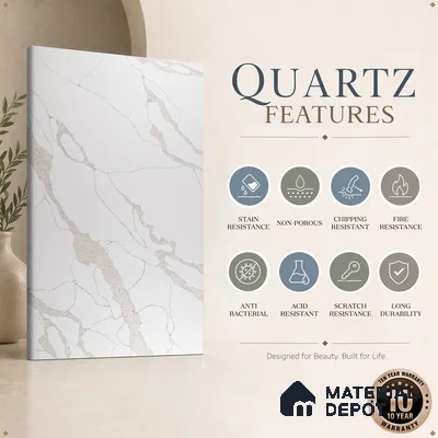 Belina Quartz QR 00346 B Calacatta Drift Jumbo Helsinki Series 10.83 ft x 5.41 ft Quartz - 20 mm | 10 Years and Replacement Warranty | Suitable for Kitchen, Restaurant, Counter Tops, Dining, Reception, office