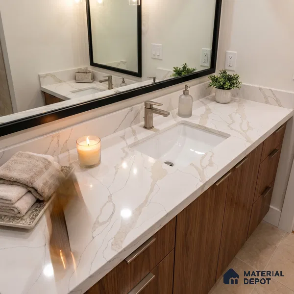 Belina Quartz QR 00346 Calacatta Drift Mini Jumbo Helsinki Series 10.53 ft x 4.79 ft Quartz - 20 mm | 10 Years and Replacement Warranty | Suitable for Kitchen, Restaurant, Counter Tops, Dining, Reception, office