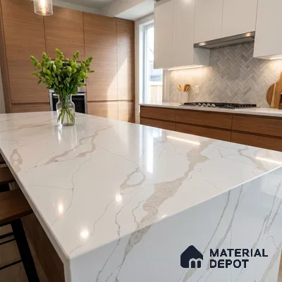Belina Quartz QR 00346 Calacatta Drift Mini Jumbo Helsinki Series 10.53 ft x 4.79 ft Quartz - 20 mm | 10 Years and Replacement Warranty | Suitable for Kitchen, Restaurant, Counter Tops, Dining, Reception, office
