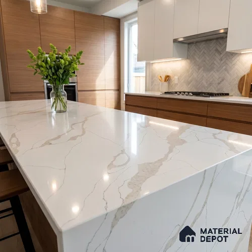 Belina Quartz QR 00346 Calacatta Drift Mini Jumbo Helsinki Series 10.53 ft x 4.79 ft Quartz - 20 mm | 10 Years and Replacement Warranty | Suitable for Kitchen, Restaurant, Counter Tops, Dining, Reception, office