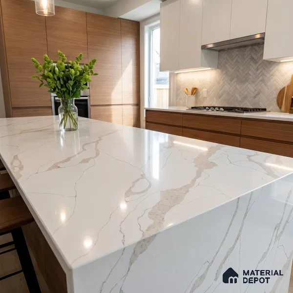 Belina Quartz QR 00346 Calacatta Drift Mini Jumbo Helsinki Series 10.53 ft x 4.79 ft Quartz - 20 mm | 10 Years and Replacement Warranty | Suitable for Kitchen, Restaurant, Counter Tops, Dining, Reception, office