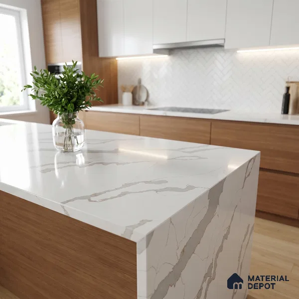 Belina Quartz QR 00347 B Ivory Cascade Jumbo Helsinki Series 10.83 ft x 5.41 ft Quartz - 20 mm | 10 Years and Replacement Warranty | Suitable for Kitchen, Restaurant, Counter Tops, Dining, Reception, office
